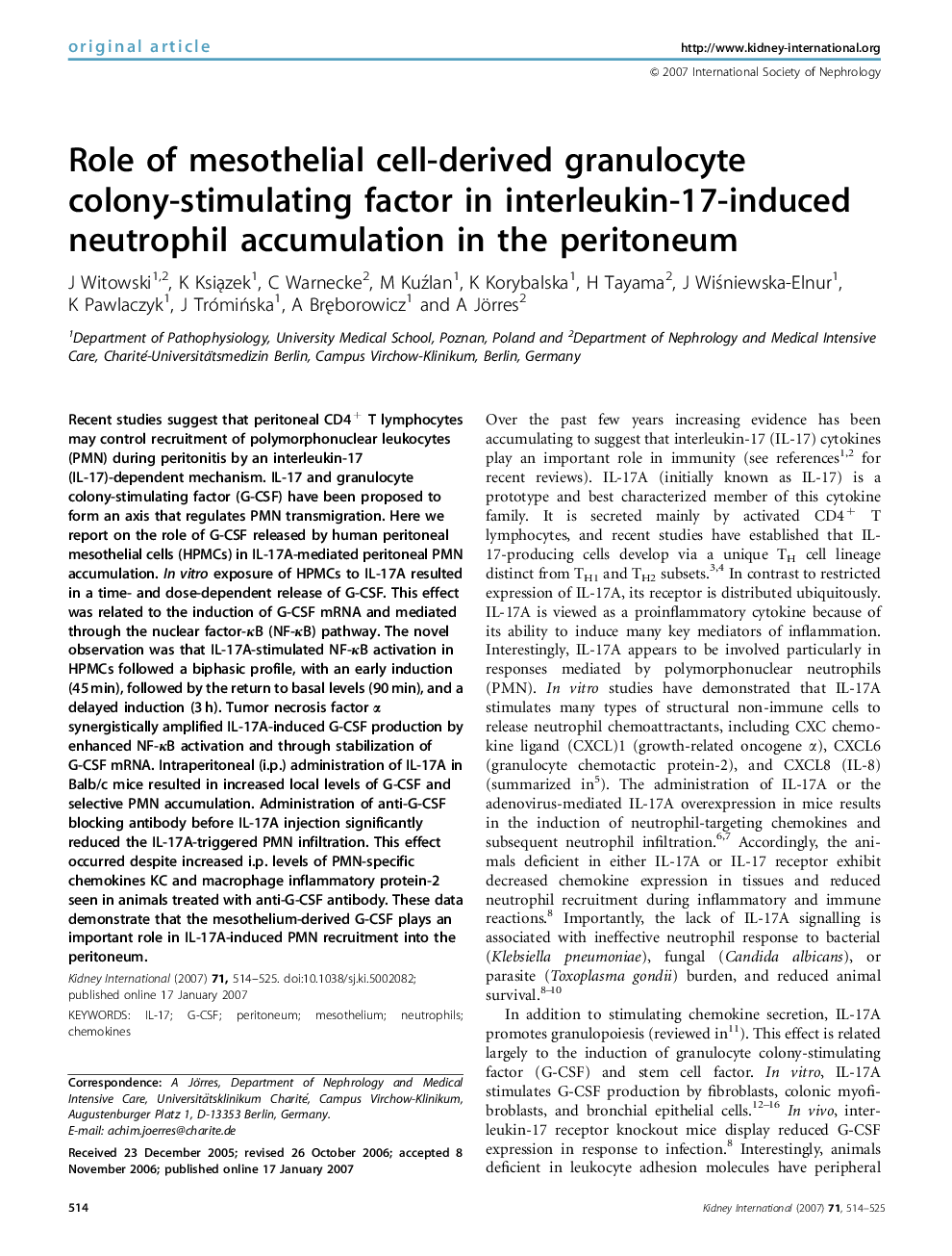 Role of mesothelial cell-derived granulocyte colony-stimulating factor in interleukin-17-induced neutrophil accumulation in the peritoneum