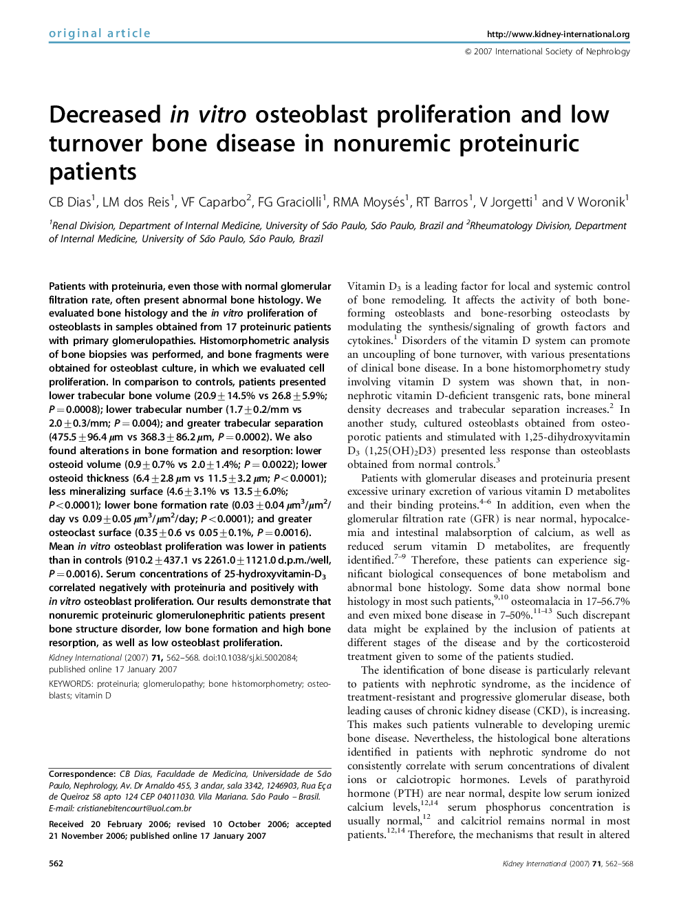 Decreased in vitro osteoblast proliferation and low turnover bone disease in nonuremic proteinuric patients