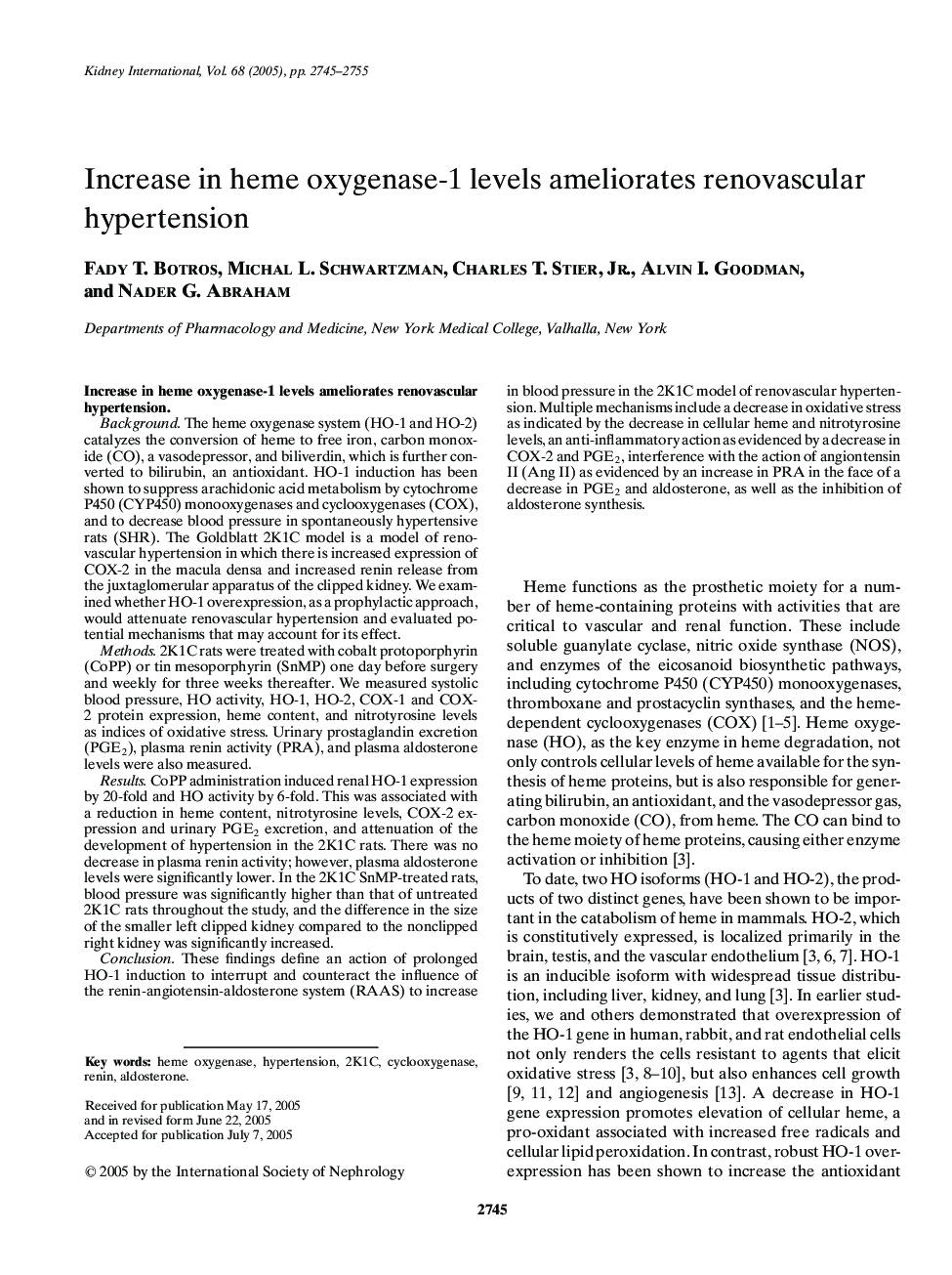 Increase in heme oxygenase-1 levels ameliorates renovascular hypertension