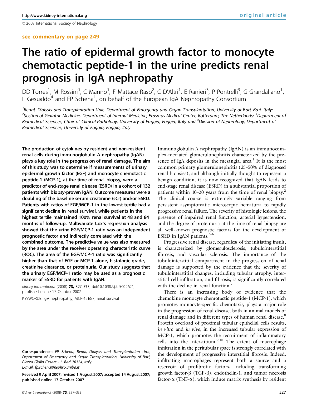 The ratio of epidermal growth factor to monocyte chemotactic peptide-1 in the urine predicts renal prognosis in IgA nephropathy