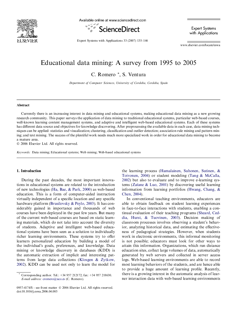 Educational data mining: A survey from 1995 to 2005