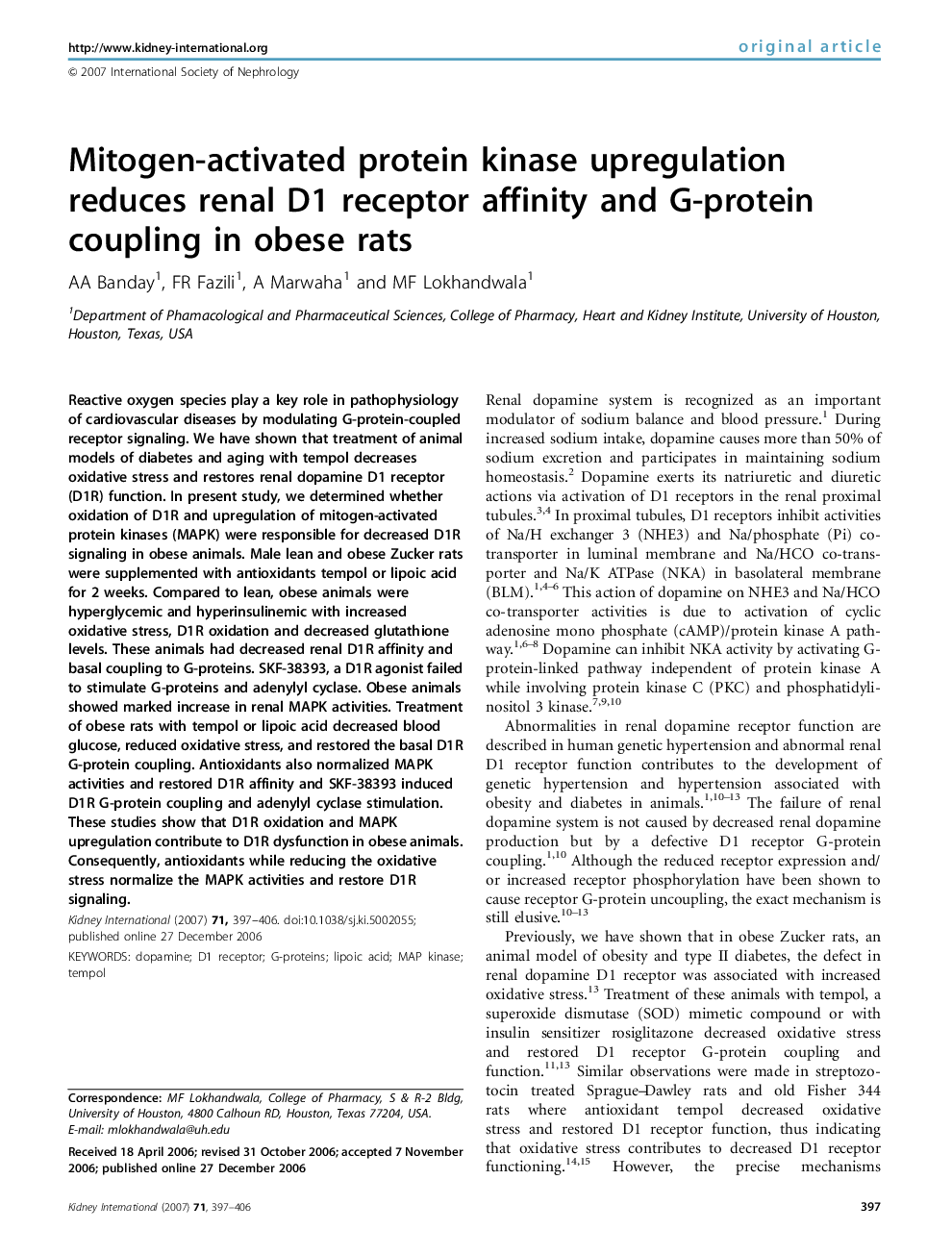 Mitogen-activated protein kinase upregulation reduces renal D1 receptor affinity and G-protein coupling in obese rats