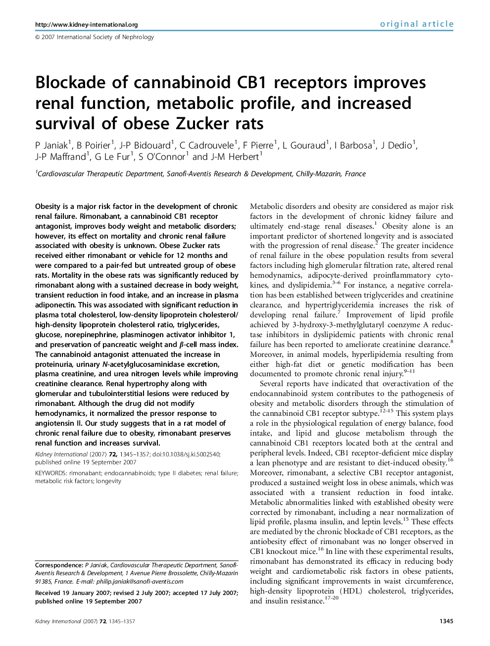 Blockade of cannabinoid CB1 receptors improves renal function, metabolic profile, and increased survival of obese Zucker rats