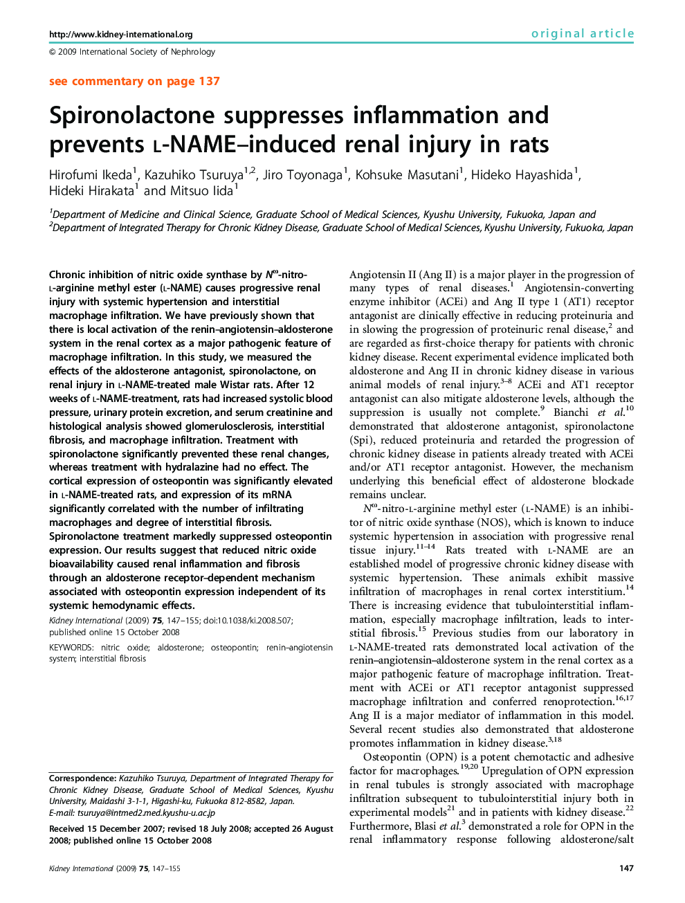 Spironolactone suppresses inflammation and prevents L-NAME–induced renal injury in rats