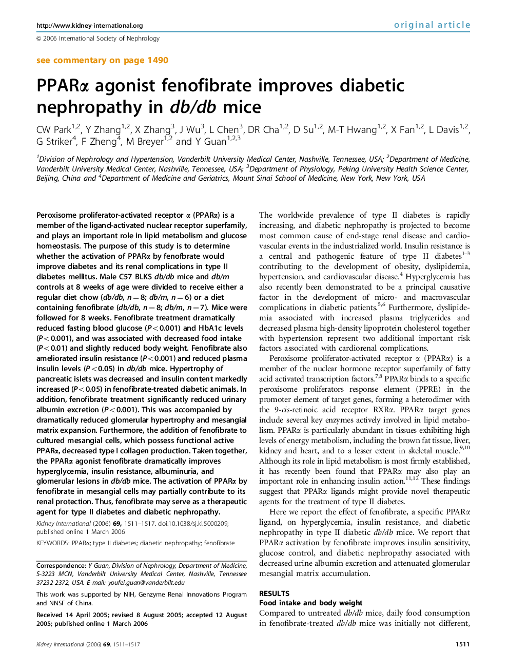 PPARα agonist fenofibrate improves diabetic nephropathy in db/db mice 