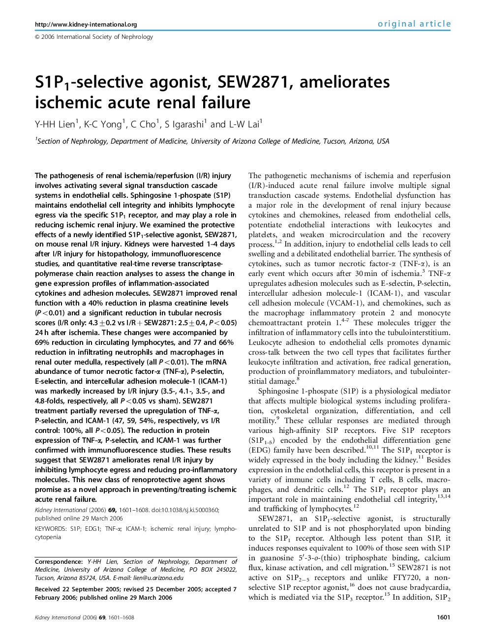 S1P1-selective agonist, SEW2871, ameliorates ischemic acute renal failure