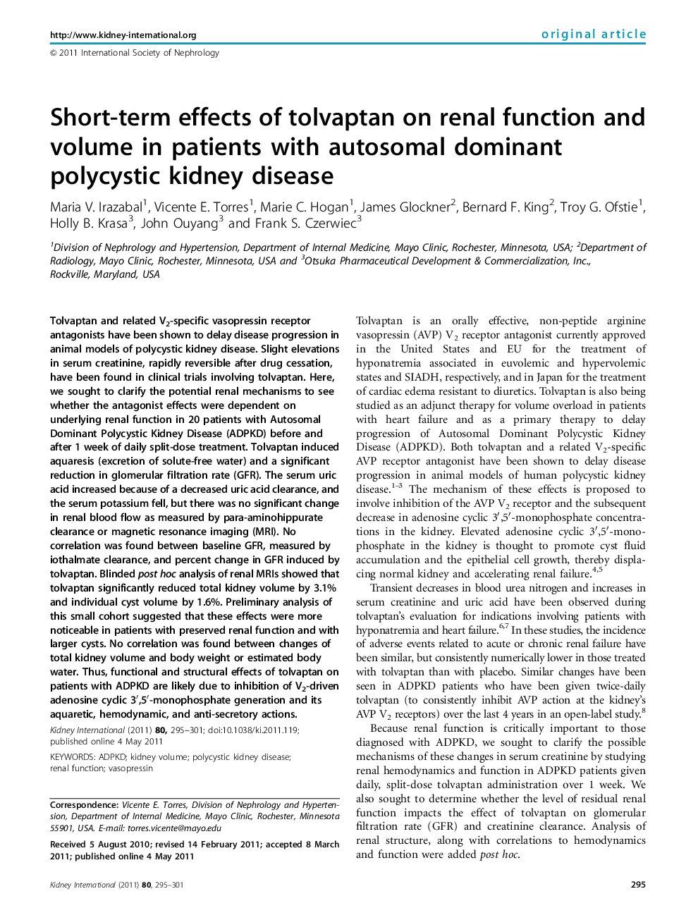 Short-term effects of tolvaptan on renal function and volume in patients with autosomal dominant polycystic kidney disease 