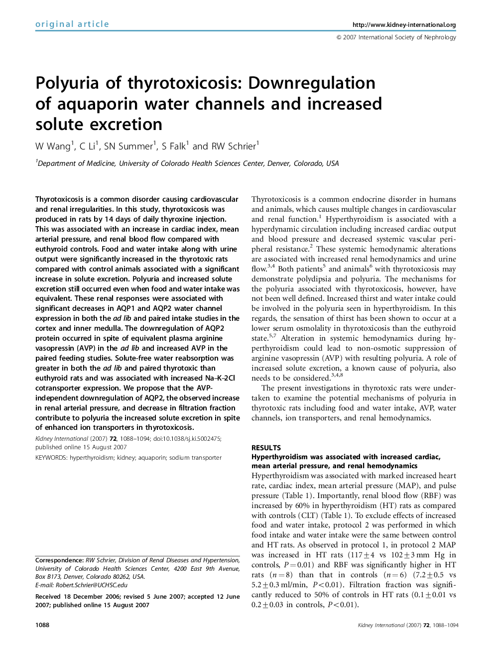 Polyuria of thyrotoxicosis: Downregulation of aquaporin water channels and increased solute excretion