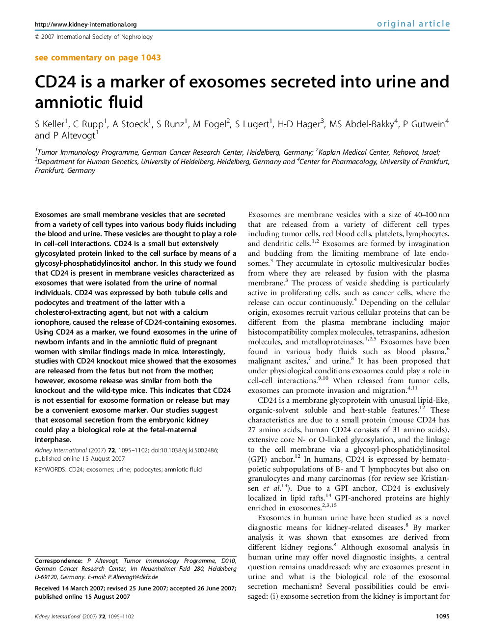 CD24 is a marker of exosomes secreted into urine and amniotic fluid