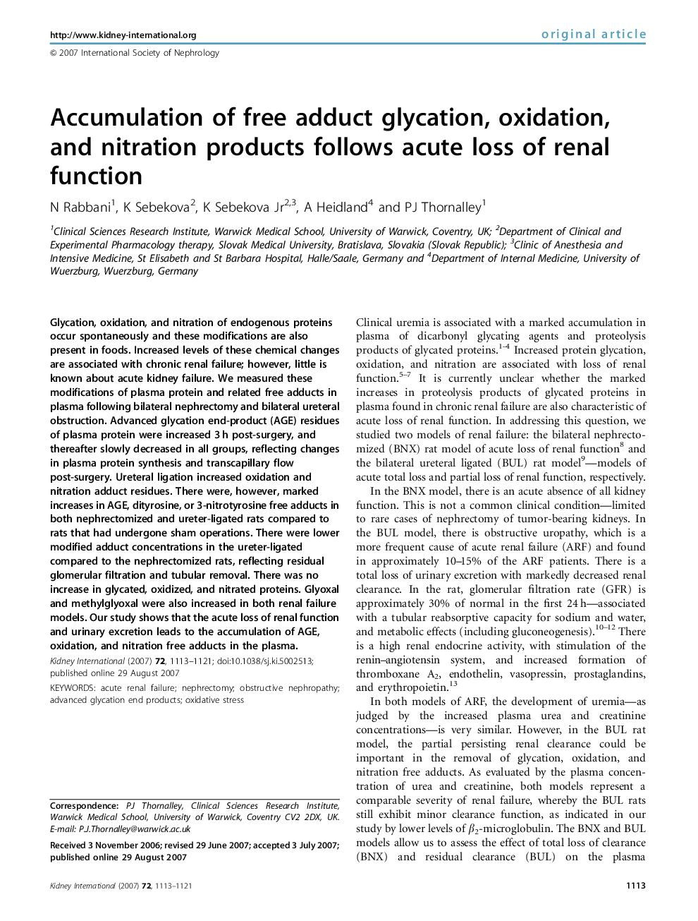 Accumulation of free adduct glycation, oxidation, and nitration products follows acute loss of renal function