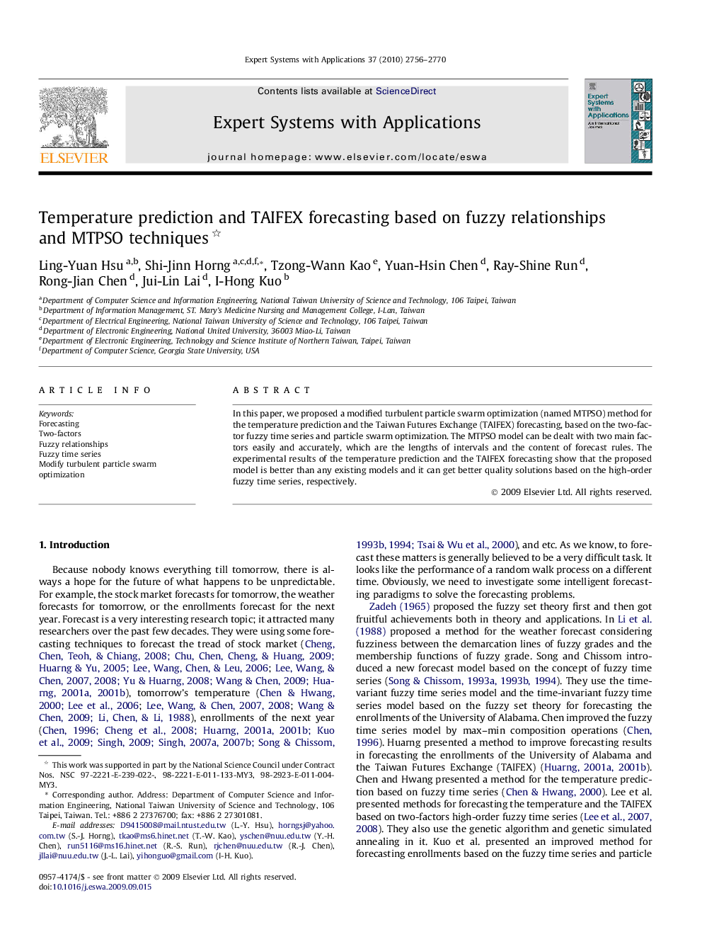 Temperature prediction and TAIFEX forecasting based on fuzzy relationships and MTPSO techniques 