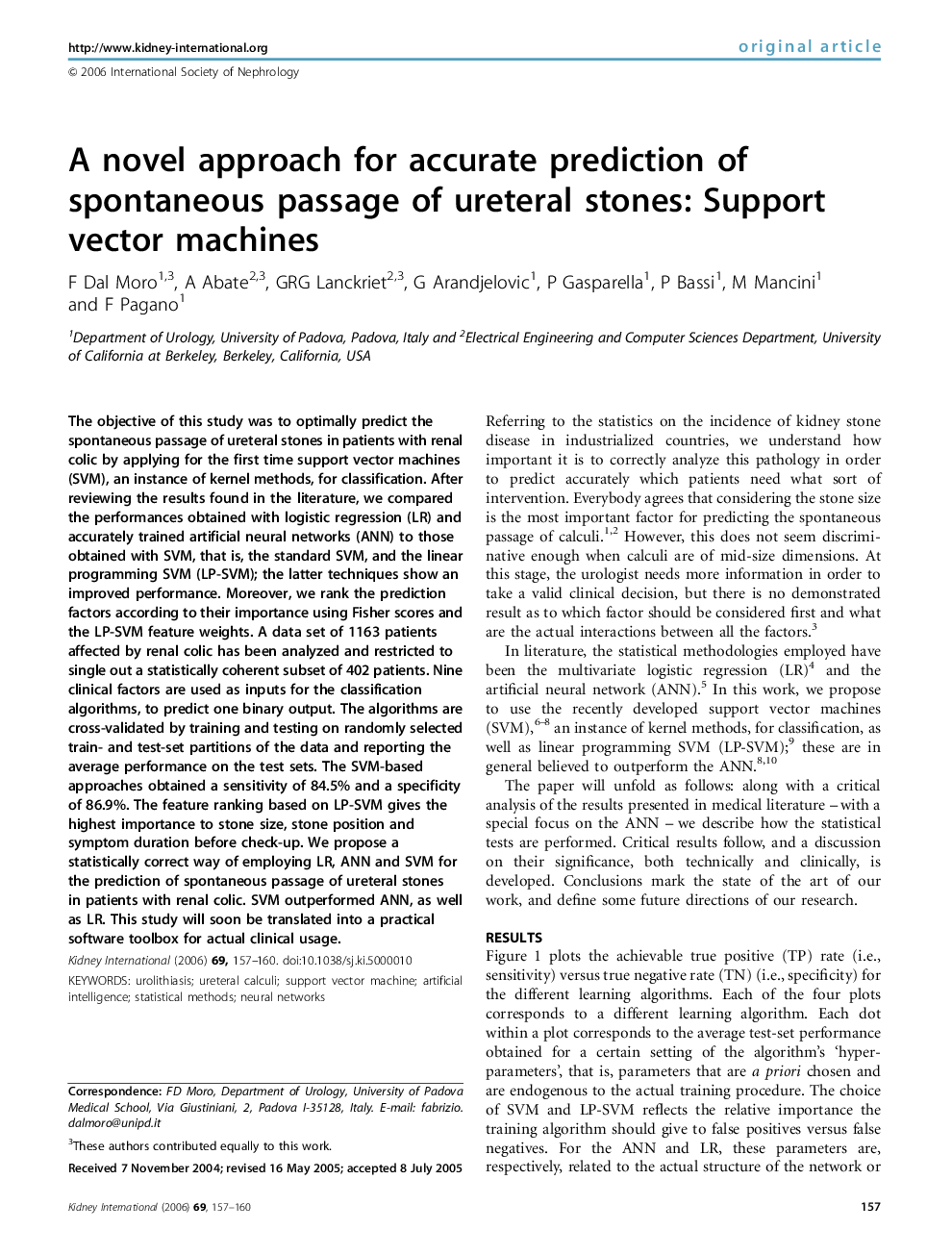 A novel approach for accurate prediction of spontaneous passage of ureteral stones: Support vector machines