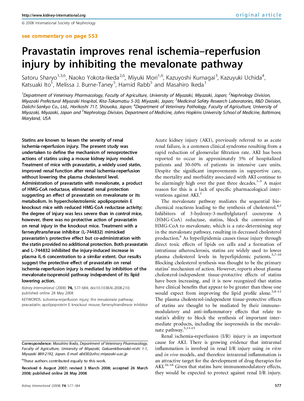 Pravastatin improves renal ischemia–reperfusion injury by inhibiting the mevalonate pathway