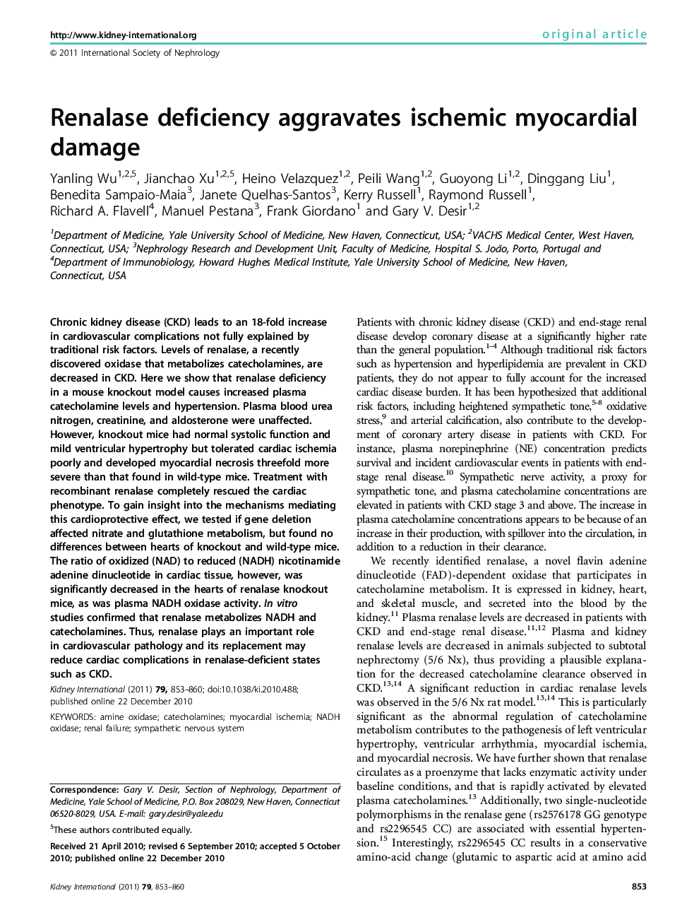 Renalase deficiency aggravates ischemic myocardial damage 