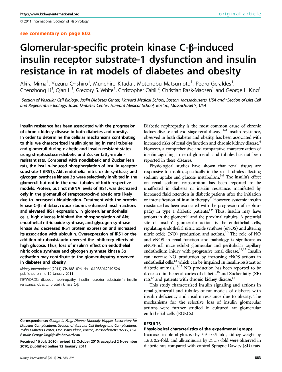 Glomerular-specific protein kinase C-β-induced insulin receptor substrate-1 dysfunction and insulin resistance in rat models of diabetes and obesity 