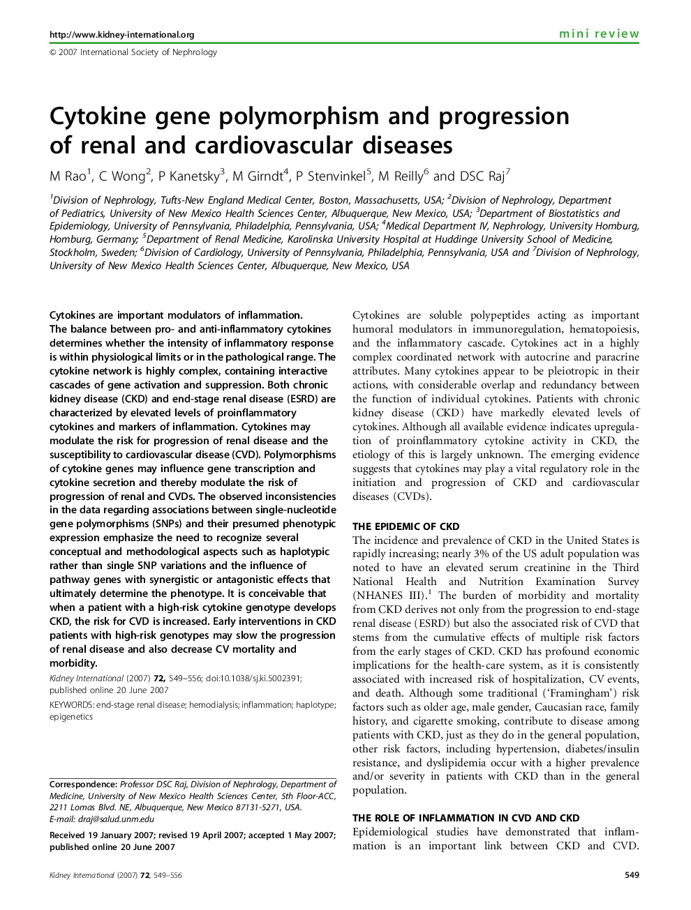 Cytokine gene polymorphism and progression of renal and cardiovascular diseases