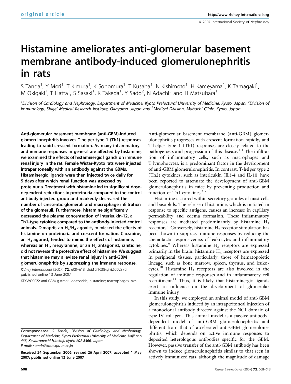 Histamine ameliorates anti-glomerular basement membrane antibody-induced glomerulonephritis in rats