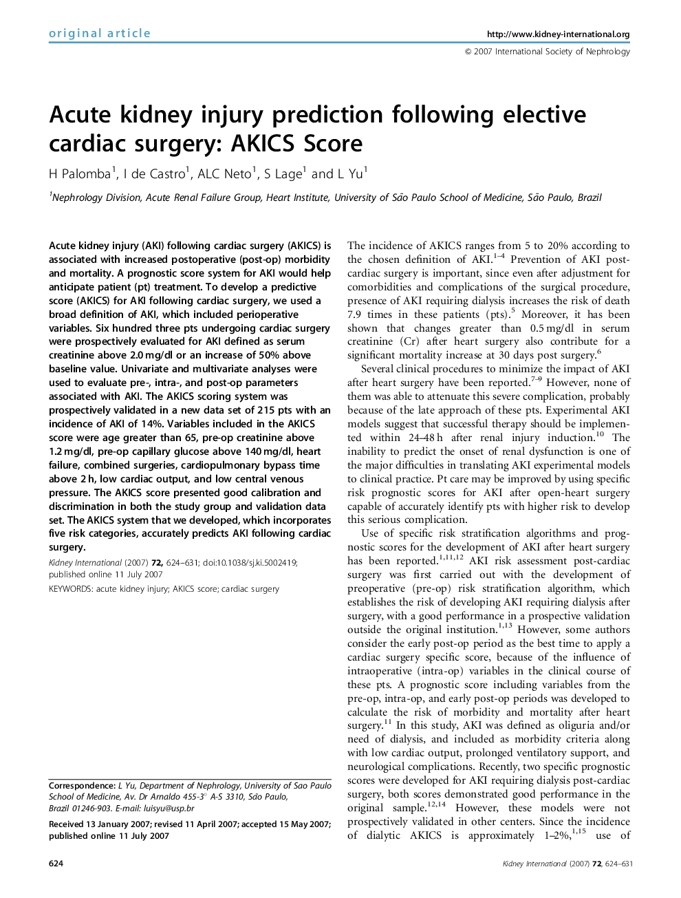 Acute kidney injury prediction following elective cardiac surgery: AKICS Score
