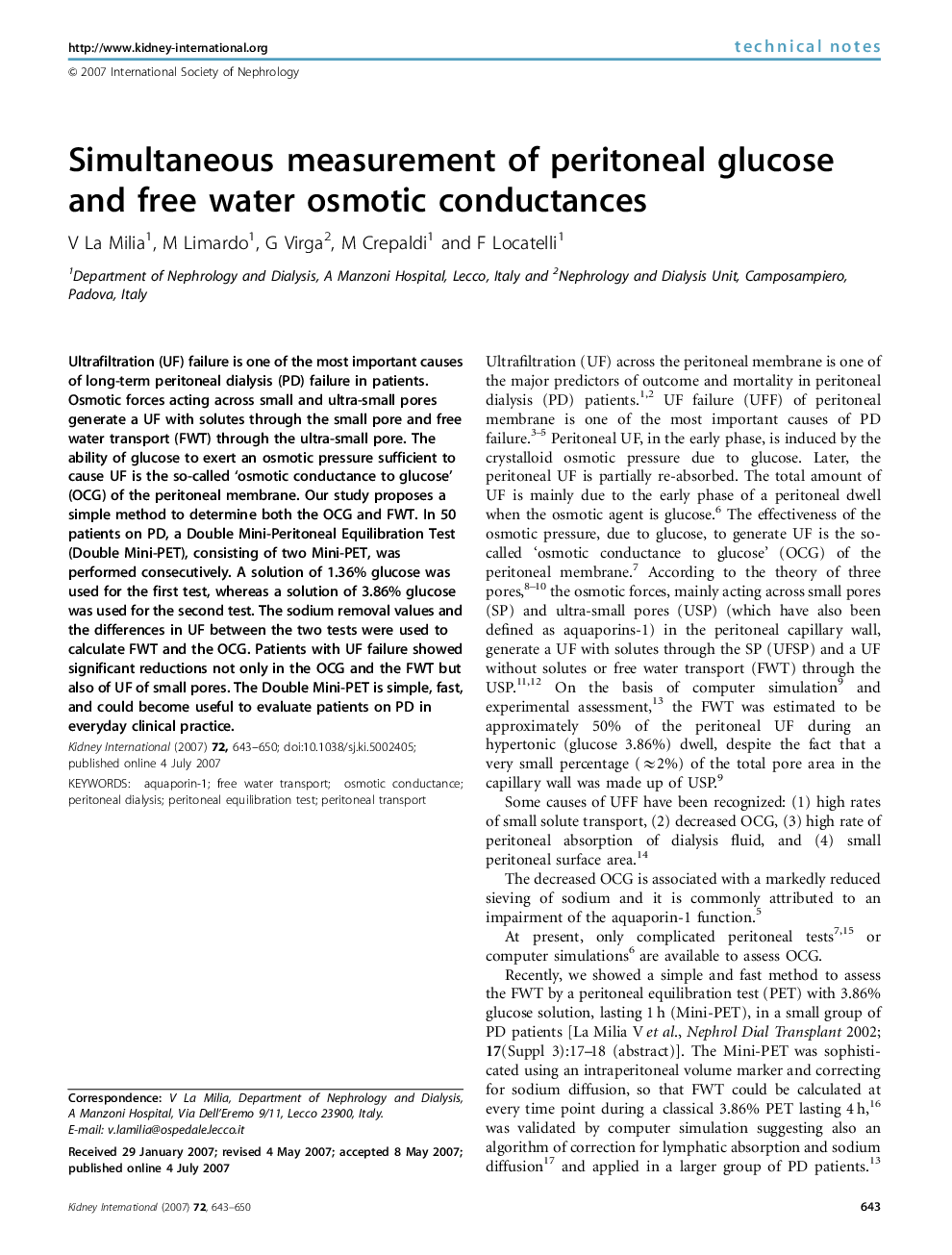 Simultaneous measurement of peritoneal glucose and free water osmotic conductances