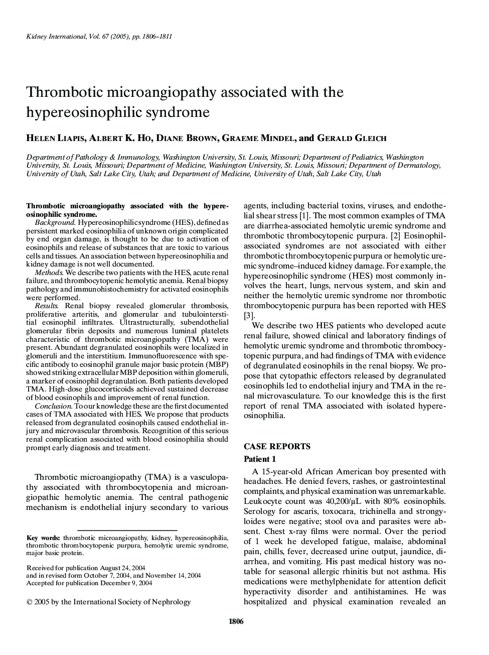 Thrombotic microangiopathy associated with the hypereosinophilic syndrome