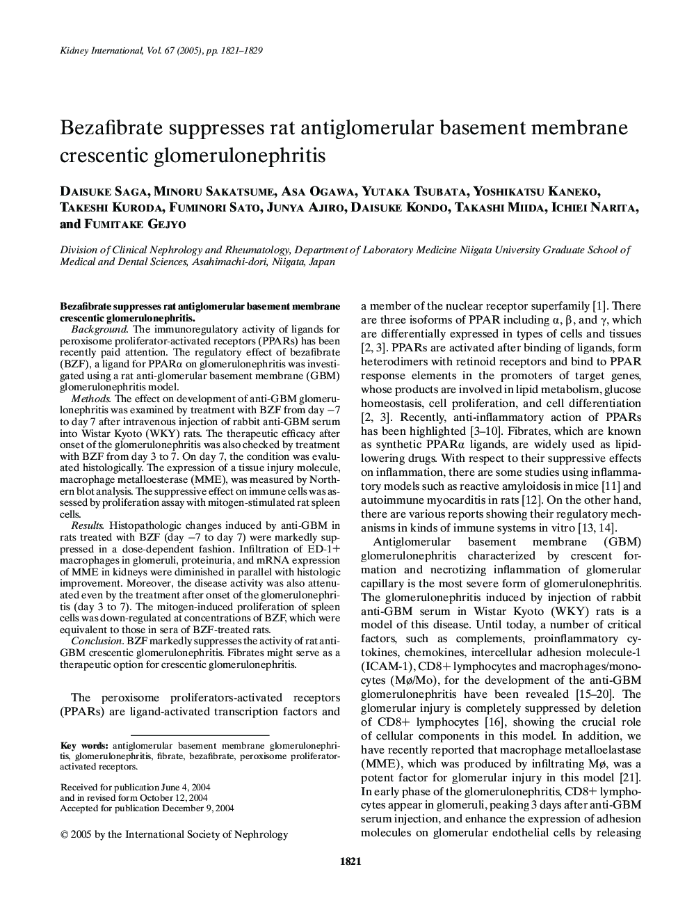 Bezafibrate suppresses rat antiglomerular basement membrane crescentic glomerulonephritis
