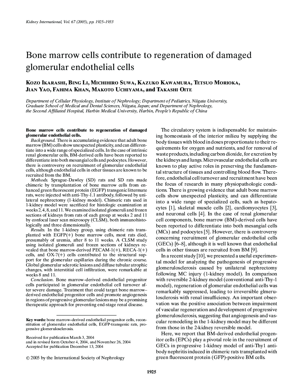 Bone marrow cells contribute to regeneration of damaged glomerular endothelial cells