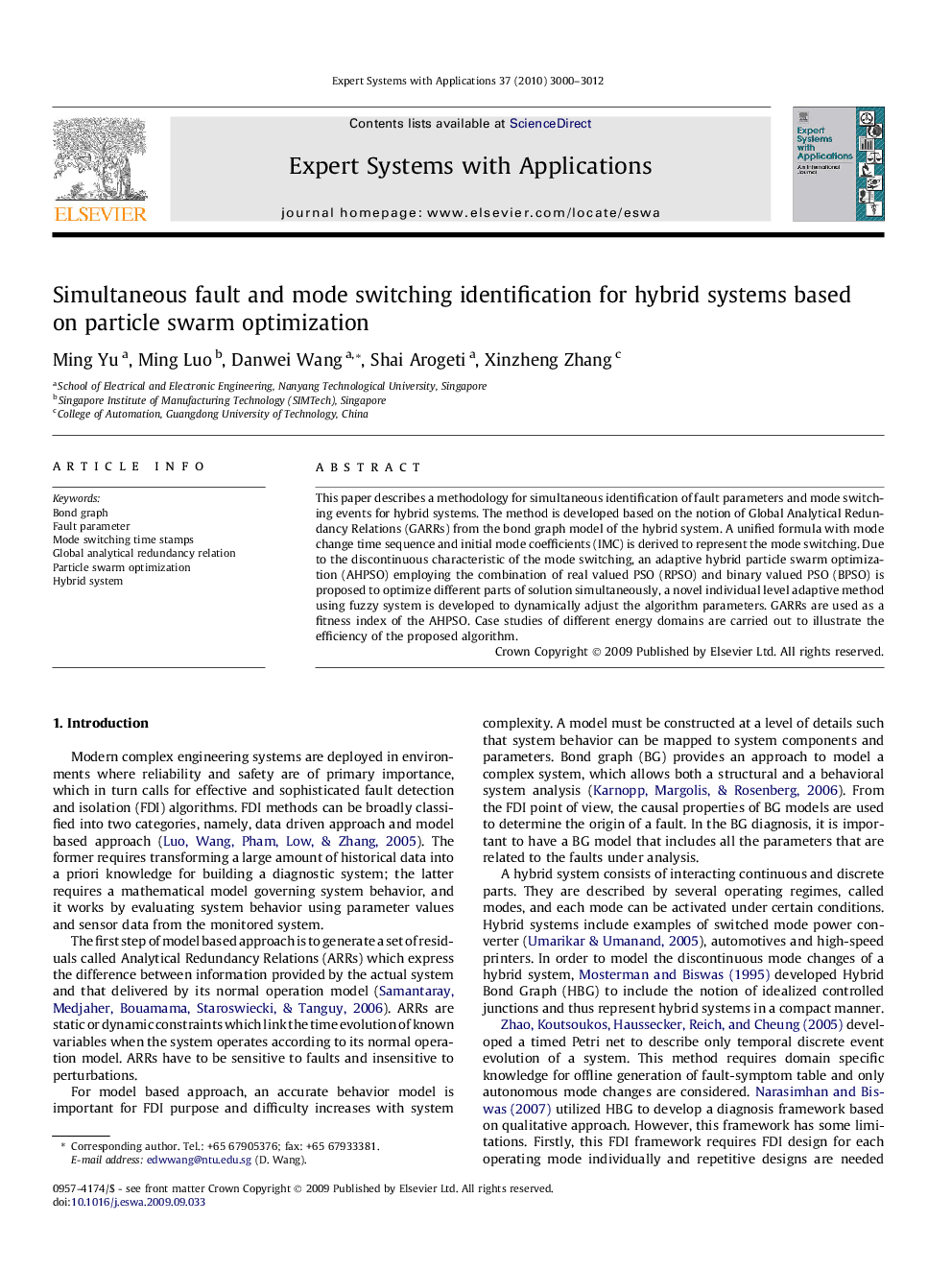 Simultaneous fault and mode switching identification for hybrid systems based on particle swarm optimization