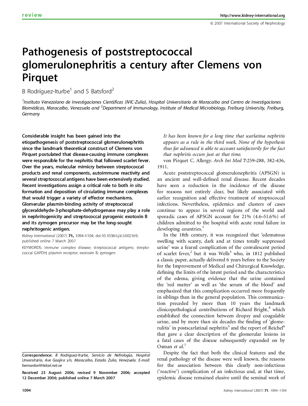 Pathogenesis of poststreptococcal glomerulonephritis a century after Clemens von Pirquet