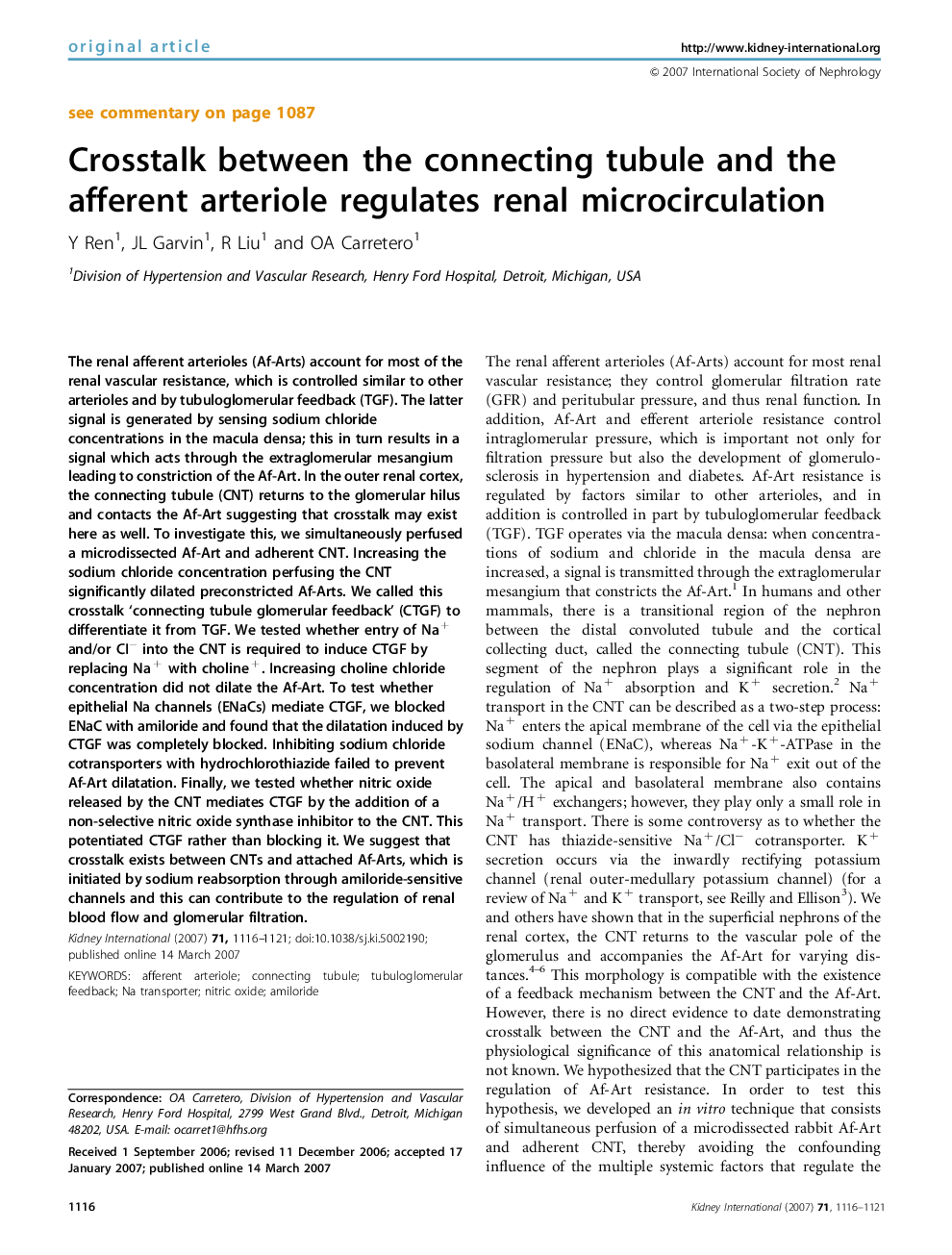 Crosstalk between the connecting tubule and the afferent arteriole regulates renal microcirculation