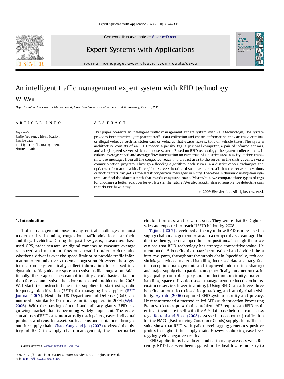 An intelligent traffic management expert system with RFID technology