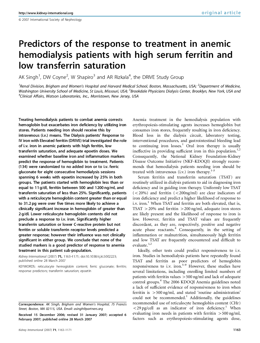 Predictors of the response to treatment in anemic hemodialysis patients with high serum ferritin and low transferrin saturation