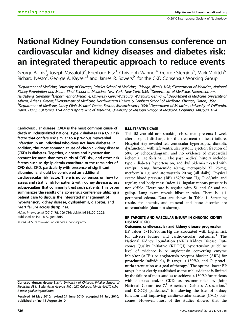 National Kidney Foundation consensus conference on cardiovascular and kidney diseases and diabetes risk: an integrated therapeutic approach to reduce events 