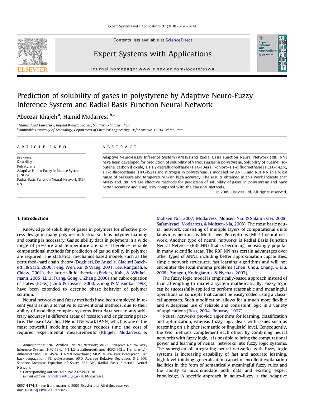 Prediction of solubility of gases in polystyrene by Adaptive Neuro-Fuzzy Inference System and Radial Basis Function Neural Network