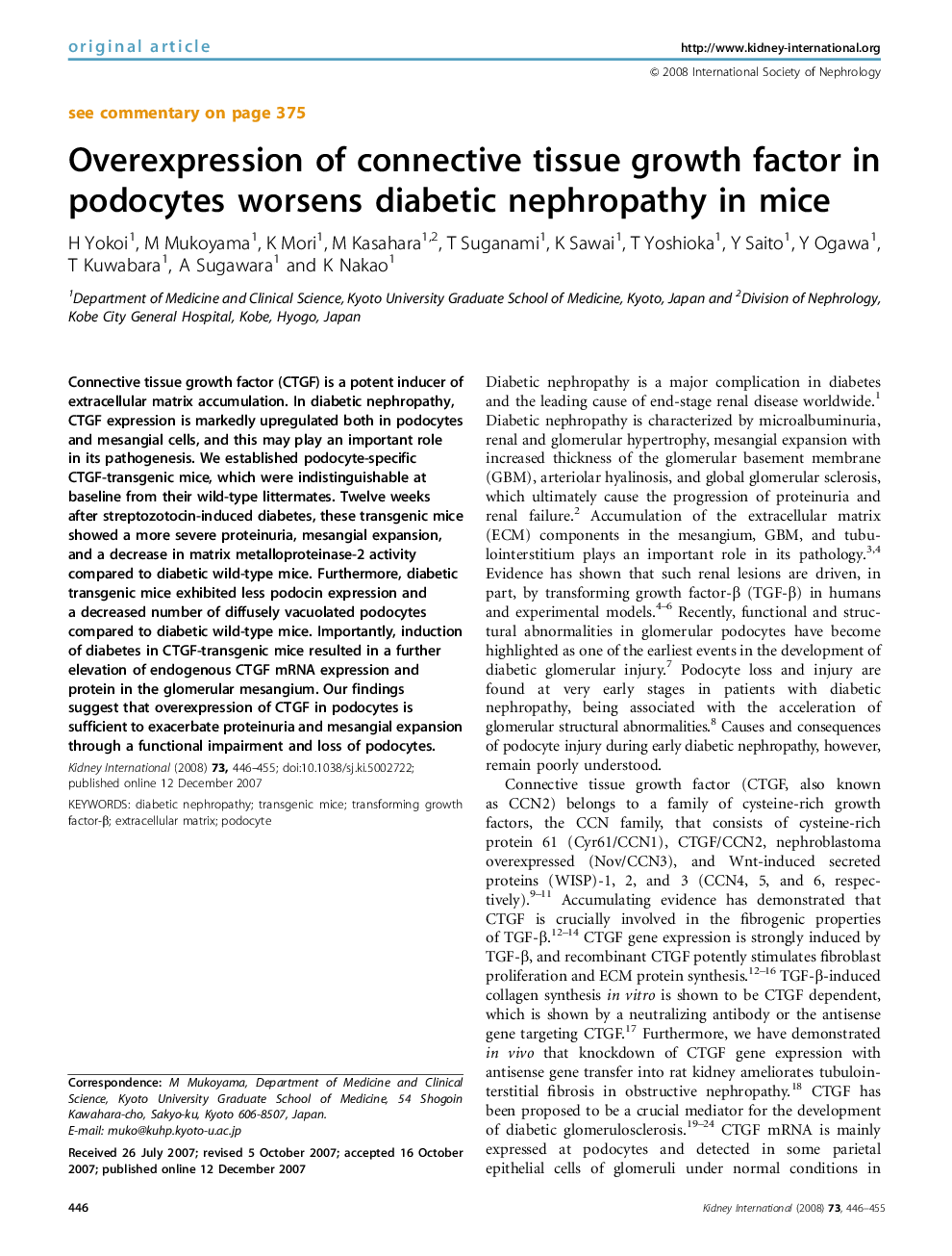 Overexpression of connective tissue growth factor in podocytes worsens diabetic nephropathy in mice 