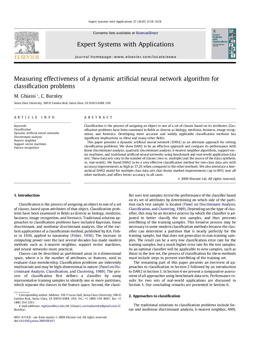 Measuring effectiveness of a dynamic artificial neural network algorithm for classification problems