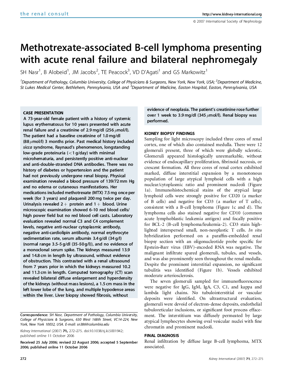 Methotrexate-associated B-cell lymphoma presenting with acute renal failure and bilateral nephromegaly
