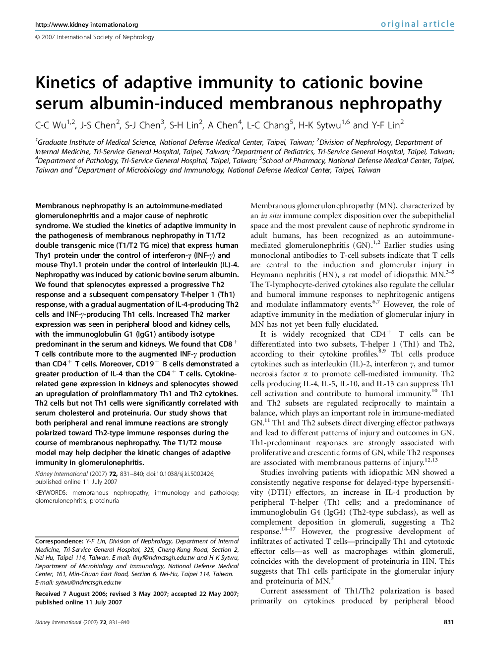 Kinetics of adaptive immunity to cationic bovine serum albumin-induced membranous nephropathy