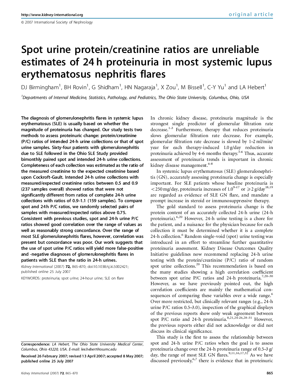 Spot urine protein/creatinine ratios are unreliable estimates of 24 h proteinuria in most systemic lupus erythematosus nephritis flares