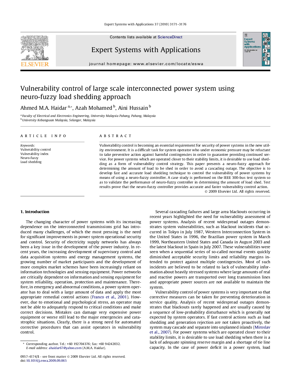 Vulnerability control of large scale interconnected power system using neuro-fuzzy load shedding approach