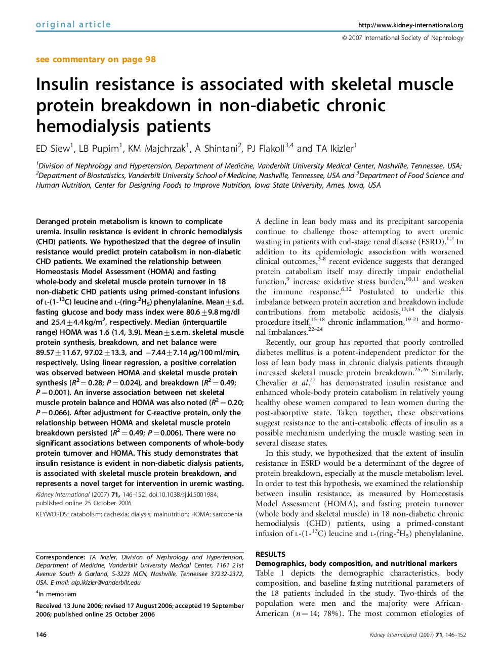 Insulin resistance is associated with skeletal muscle protein breakdown in non-diabetic chronic hemodialysis patients