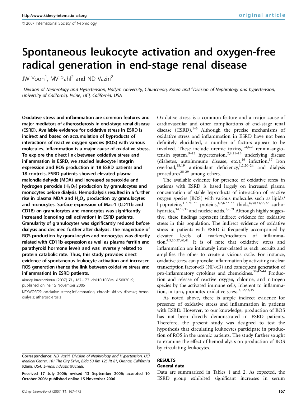 Spontaneous leukocyte activation and oxygen-free radical generation in end-stage renal disease