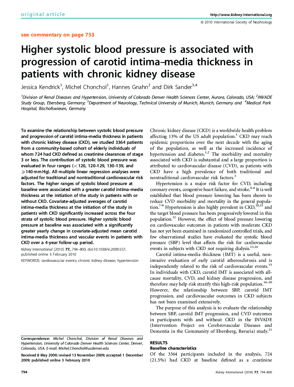 Higher systolic blood pressure is associated with progression of carotid intima–media thickness in patients with chronic kidney disease 