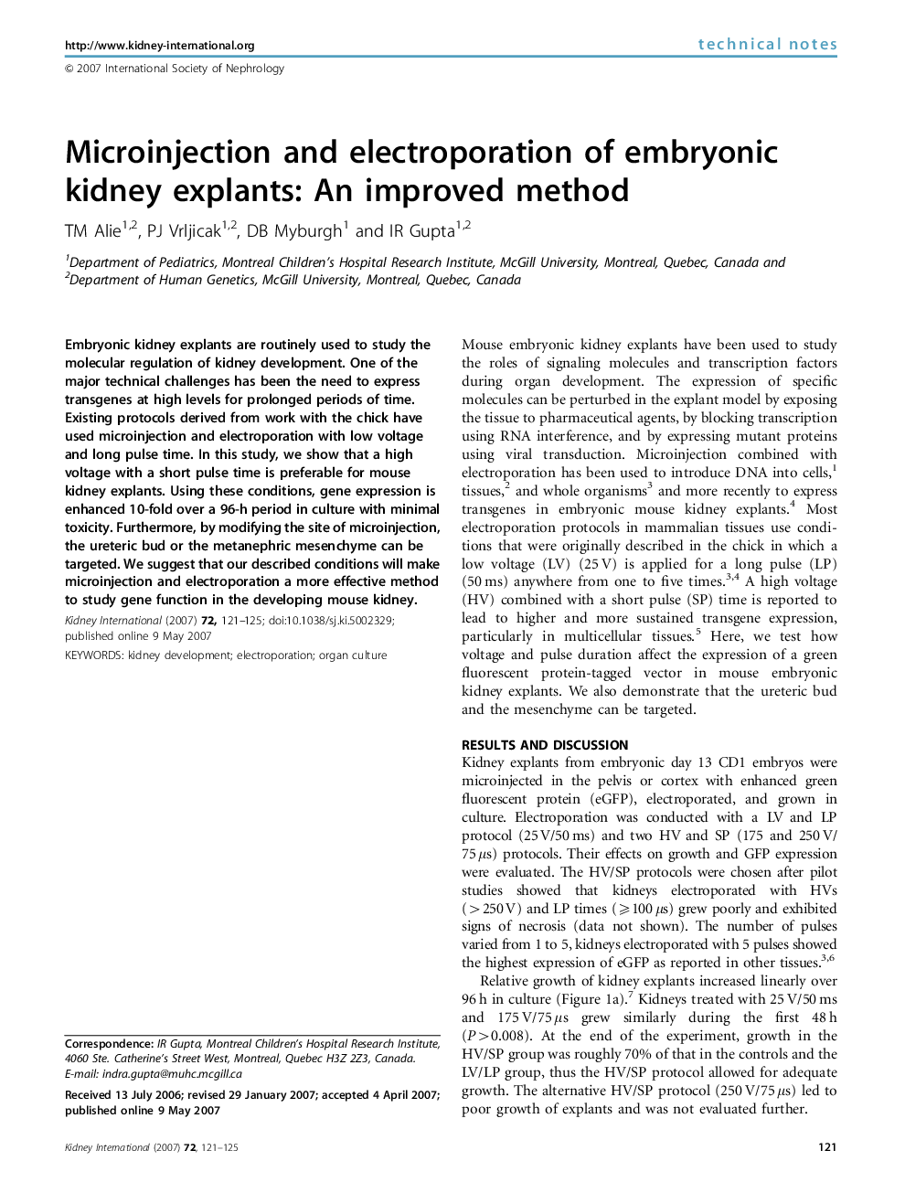 Microinjection and electroporation of embryonic kidney explants: An improved method