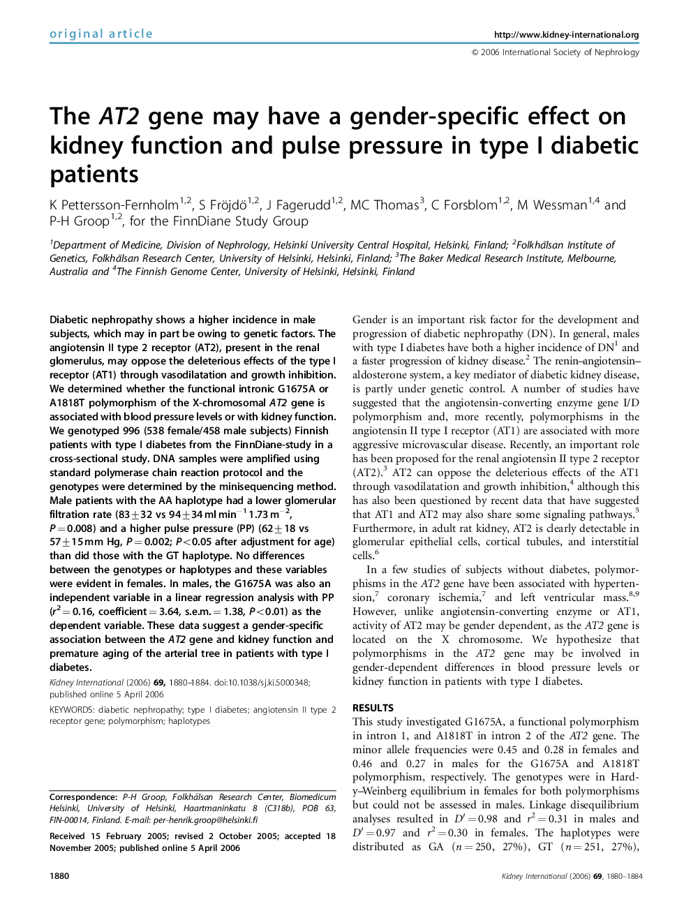 The AT2 gene may have a gender-specific effect on kidney function and pulse pressure in type I diabetic patients
