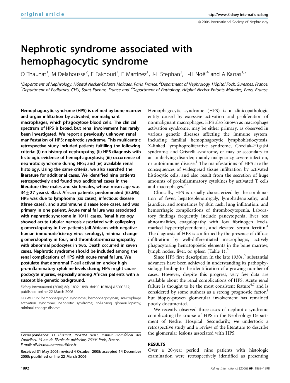 Nephrotic syndrome associated with hemophagocytic syndrome