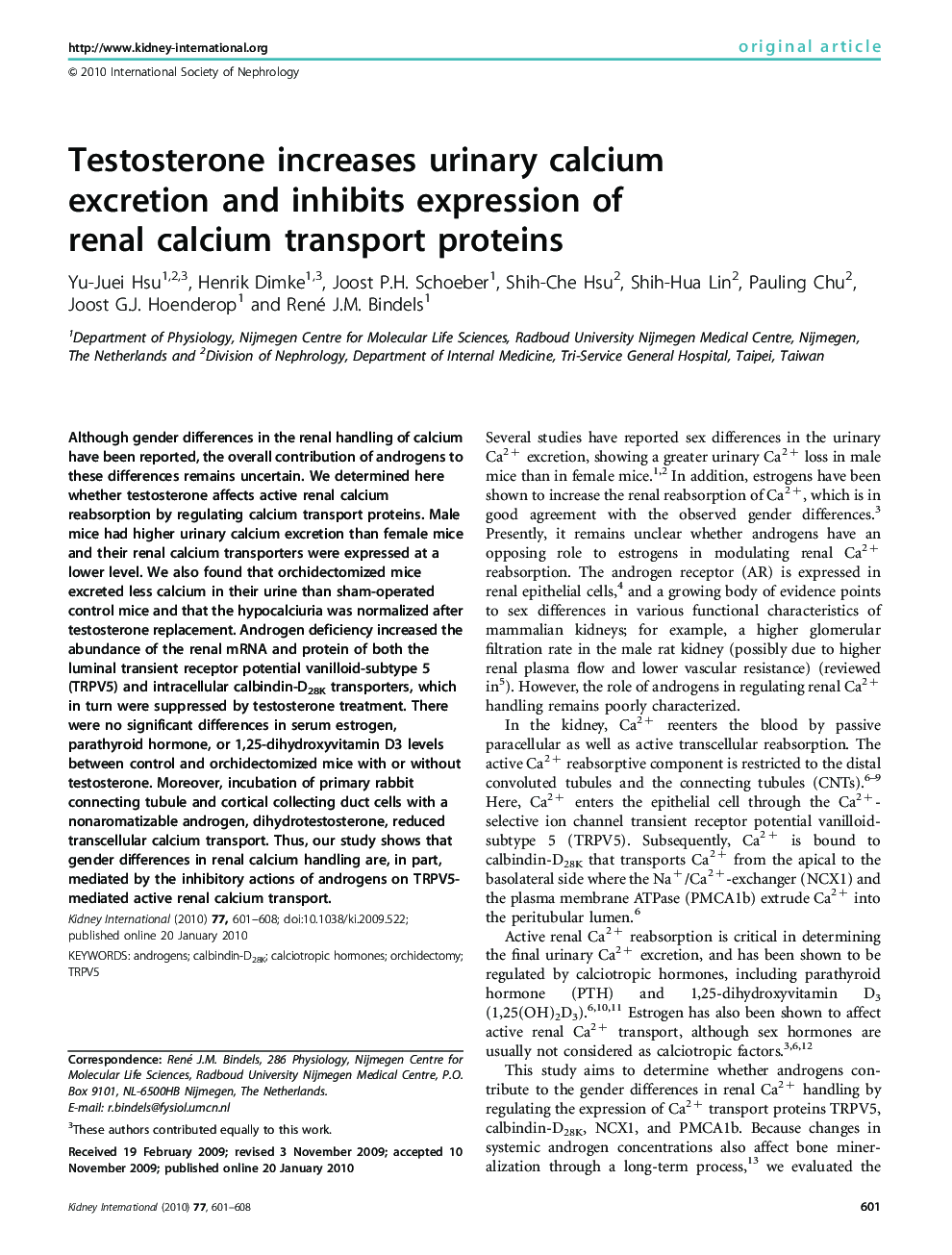 Testosterone increases urinary calcium excretion and inhibits expression of renal calcium transport proteins