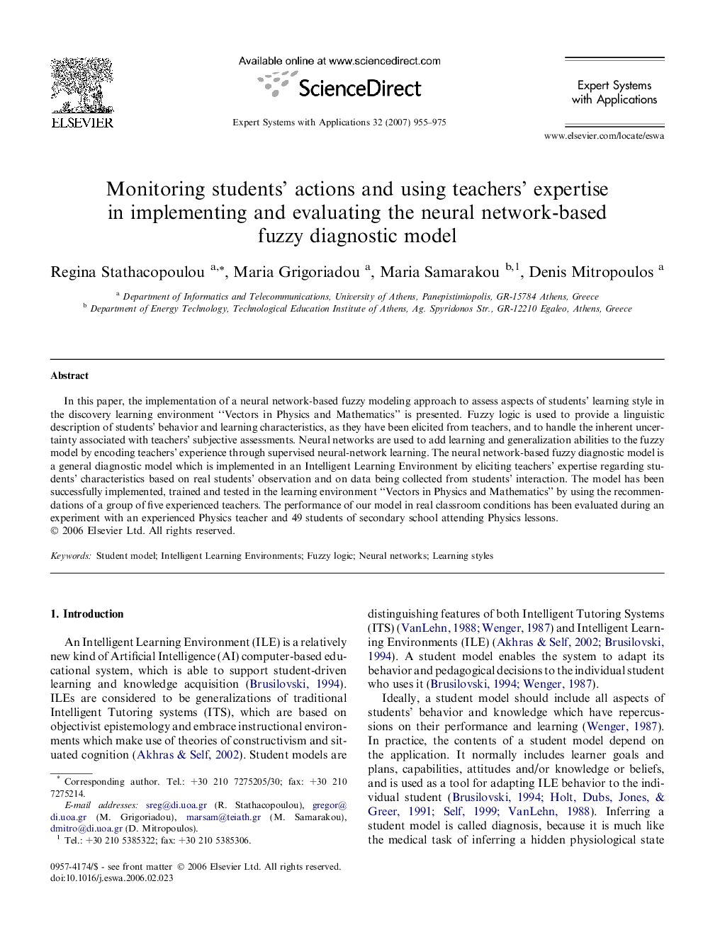 Monitoring students’ actions and using teachers’ expertise in implementing and evaluating the neural network-based fuzzy diagnostic model