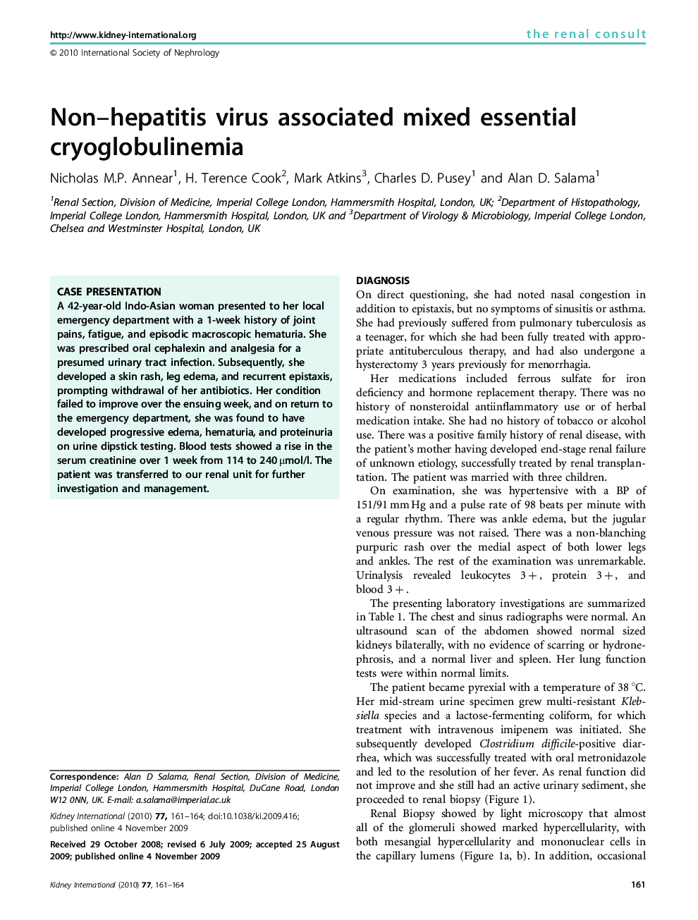 Non–hepatitis virus associated mixed essential cryoglobulinemia