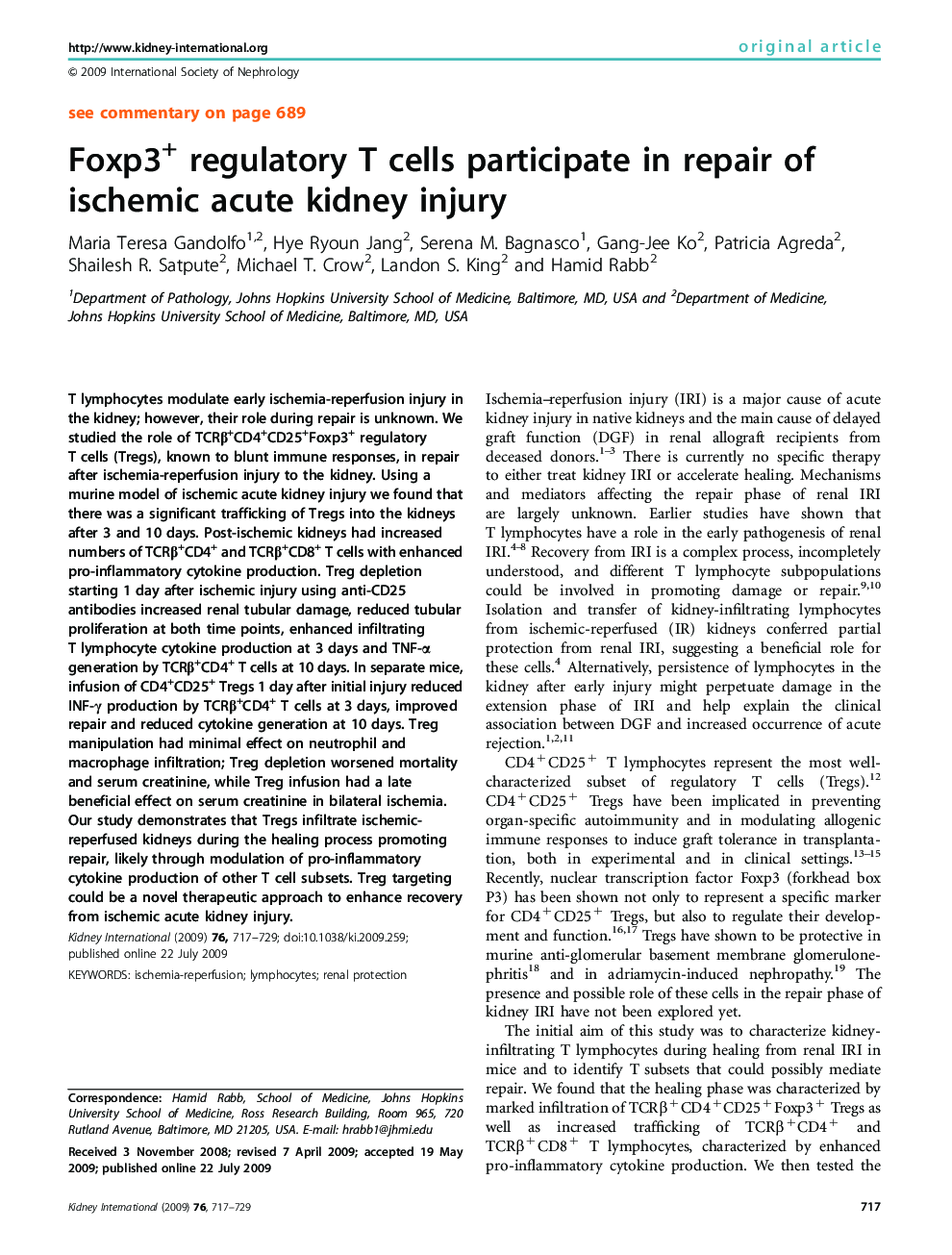 Foxp3+ regulatory T cells participate in repair of ischemic acute kidney injury