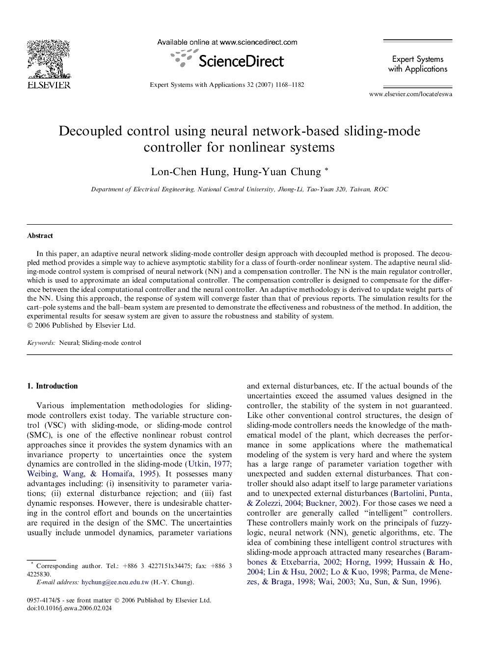 Decoupled control using neural network-based sliding-mode controller for nonlinear systems